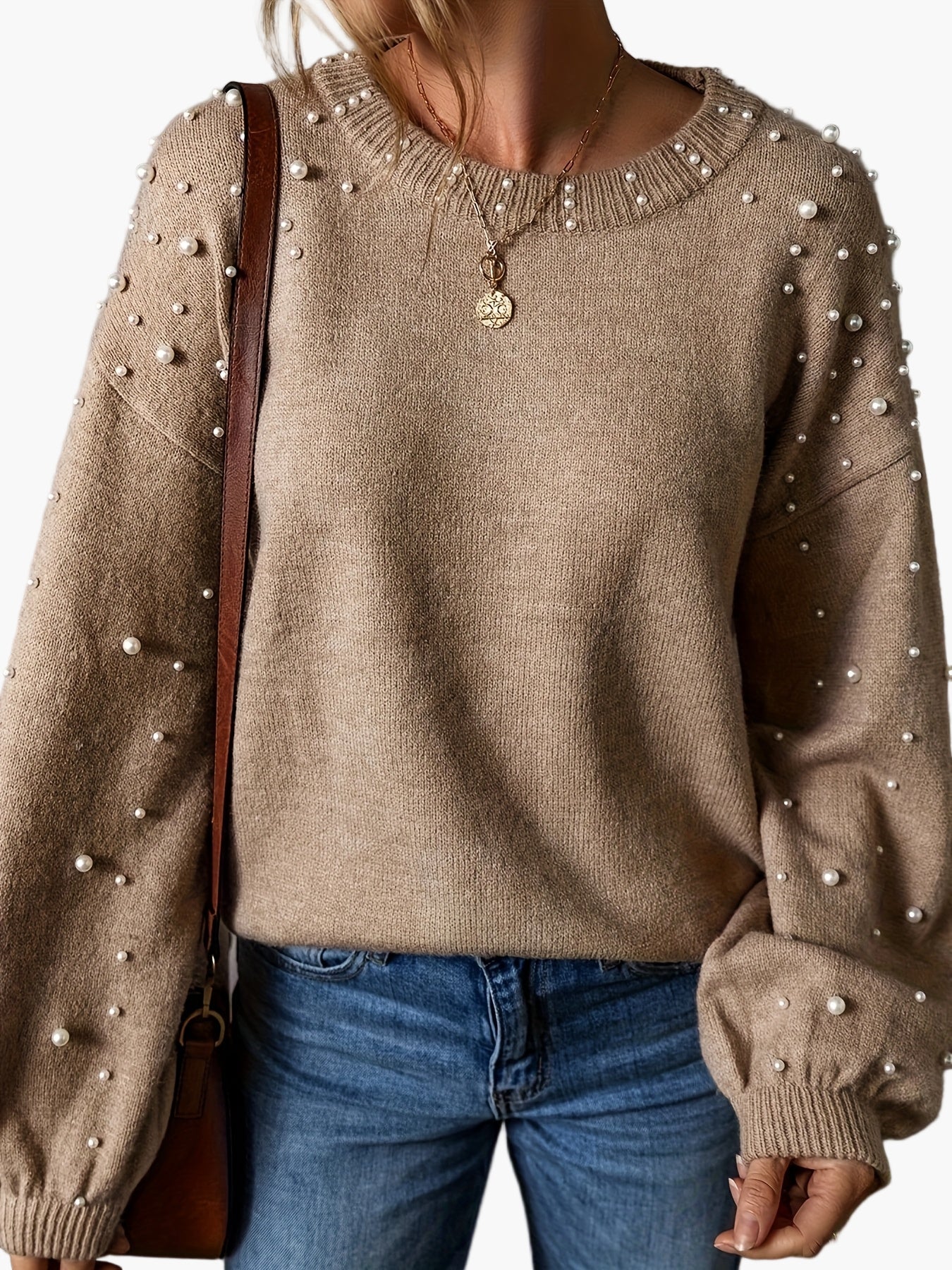 Damen Pullover mit Perlenbesatz – Eleganter Strickpullover für Freizeit & Büro