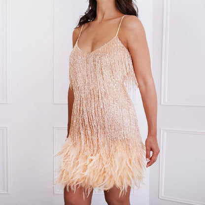Damen Fransen A-Linien Partykleid mit Spaghettiträgern – Elegantes 20er Jahre Stil Abendkleid für besondere Anlässe