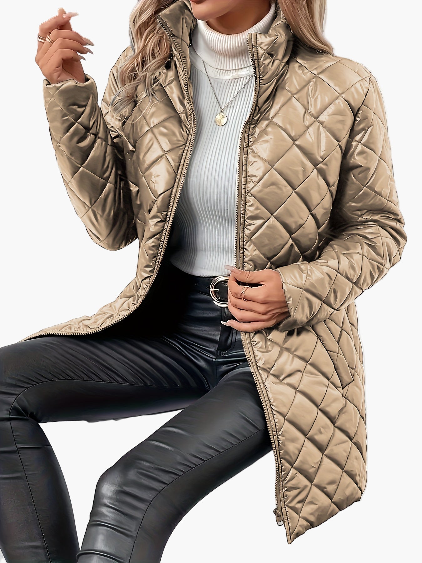 Damen Steppjacke mit modischem Rauten-Design und Stehkragen – Eleganter Übergangs-Style für Alltag und Freizeit
