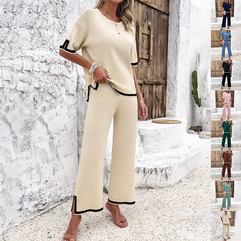 Shirley – Gestreiftes Strickensemble für Damen mit kurzem Ärmel und lockerer, gerader Hose