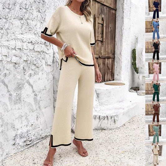 Shirley – Gestreiftes Strickensemble für Damen mit kurzem Ärmel und lockerer, gerader Hose
