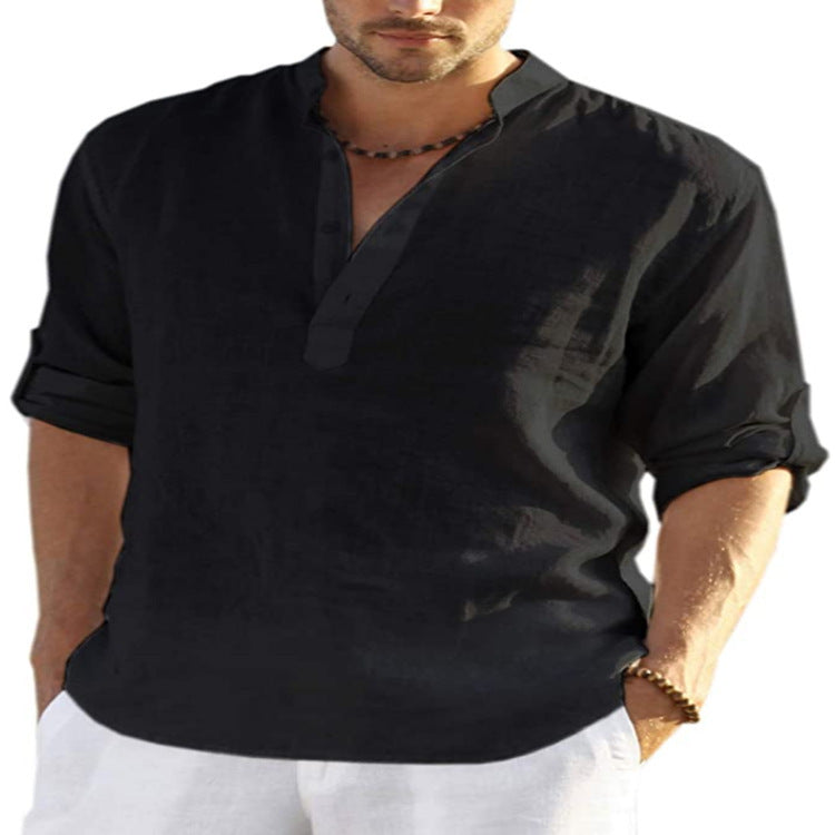 Herren Henley Shirt Langarm – Casual Sommerhemd mit Stehkragen für Freizeit, Büro und Urlaub