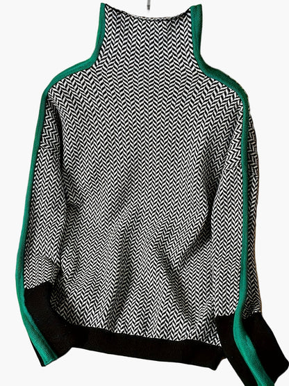 Damen Eleganter Patchwork Strickpullover mit Stehkragen – Modischer Herbst/Winter Alltagslook