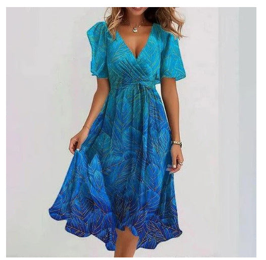 Luftiges Sommerkleid Damen – Wickelkleid mit Blumenmuster und V-Ausschnitt – Midi Kleid für Urlaub, Strand & Freizeit