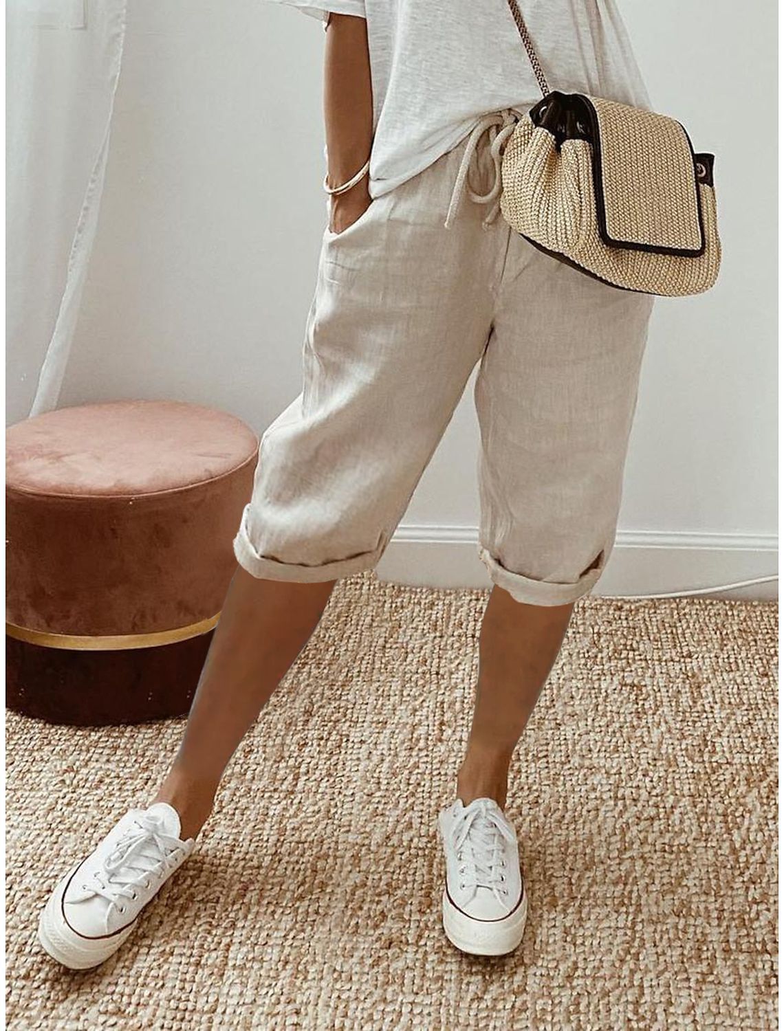 Rachel – Elastische Damenhose aus Baumwolle und Leinen mit Taschen