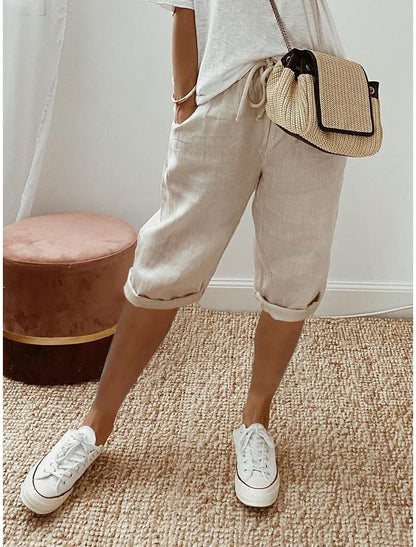 Rachel – Elastische Damenhose aus Baumwolle und Leinen mit Taschen