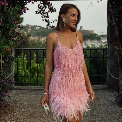 Damen Fransen A-Linien Partykleid mit Spaghettiträgern – Elegantes 20er Jahre Stil Abendkleid für besondere Anlässe