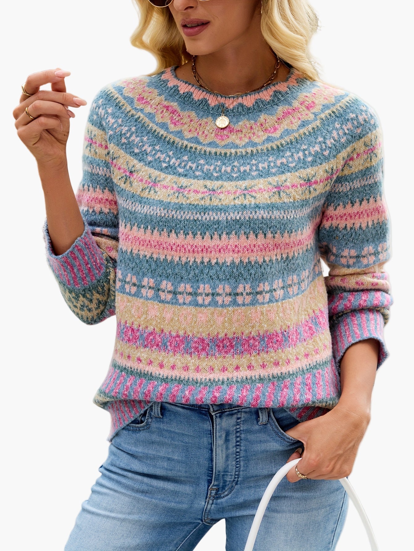 Damen Pullover im Norwegerstil mit Rundhalsausschnitt – Modischer Strickpullover für Herbst und Winter