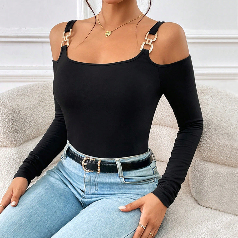 Amy – Einfaches Off-Shoulder Top mit Metallhaken und langen Ärmeln für Damen