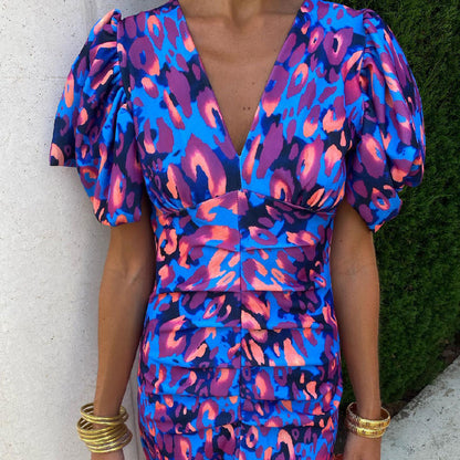 Damen Midikleid mit Puffärmeln und modischem Animal-Print – Elegantes Sommerkleid für besondere Anlässe