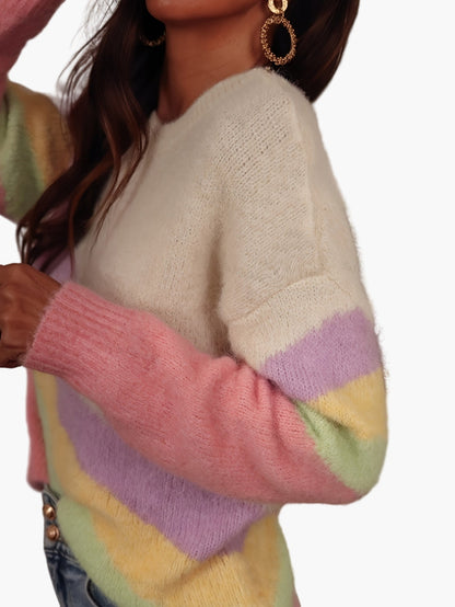 Damen Pullover Y2K Stil mit Regenbogen-Streifen – Modischer Strickpullover für Alltag und Freizeit