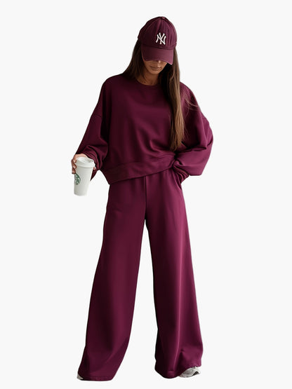 Damen Lounge-Set Zweiteiler – Eleganter Oversize Freizeitanzug mit Sweatshirt und Weitbein-Hose für Herbst & Winter