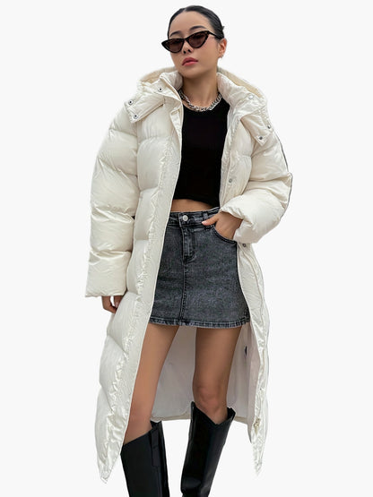 Damen Winter Steppmantel Lang Elegant mit Kapuze – Modischer City Puffer für kalte Tage