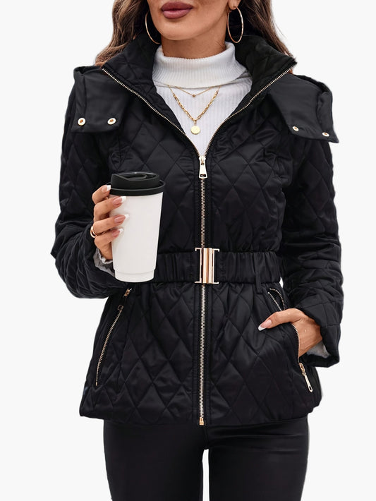 Damen Steppjacke mit Gürtel und Kapuze – Eleganter Wintermantel für Alltag und Freizeit
