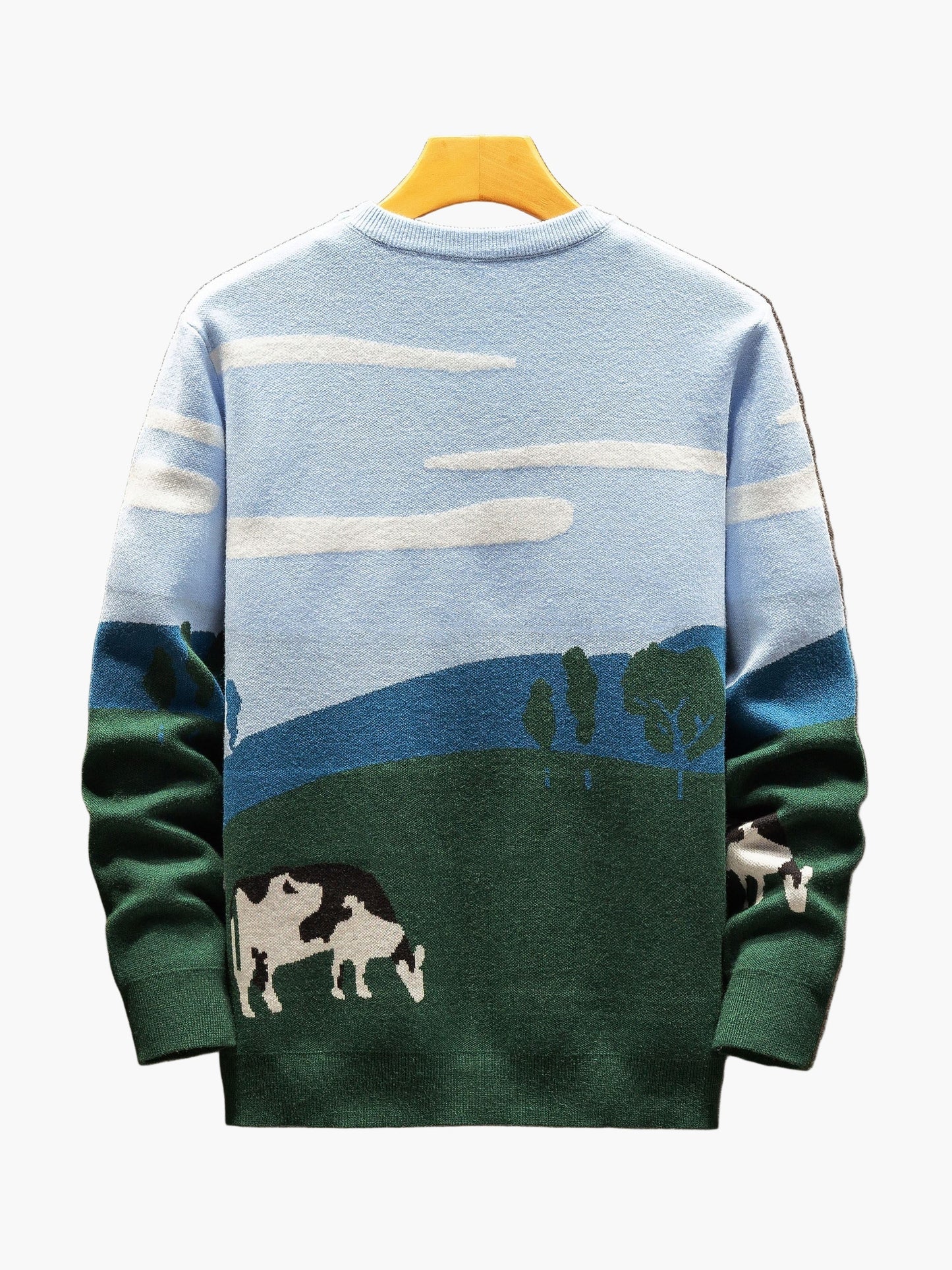 Herren Pullover mit Landschafts- und Kuh-Motiv, Casual Strickpullover für Herbst und Winter
