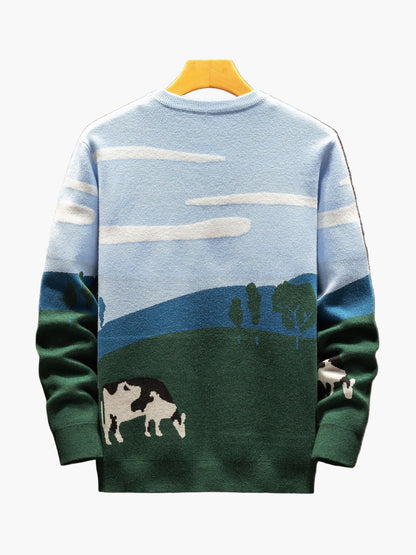 Herren Pullover mit Landschafts- und Kuh-Motiv, Casual Strickpullover für Herbst und Winter