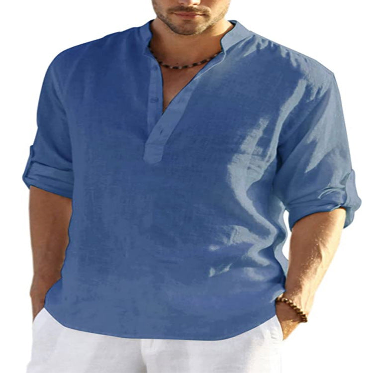 Herren Henley Shirt Langarm – Casual Sommerhemd mit Stehkragen für Freizeit, Büro und Urlaub