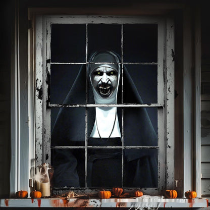 Halloween Fensterdeko – Gruselige Nonnenfigur für Spukhaus & Party