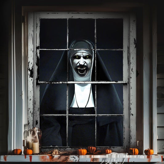 Halloween Fensterdeko – Gruselige Nonnenfigur für Spukhaus & Party