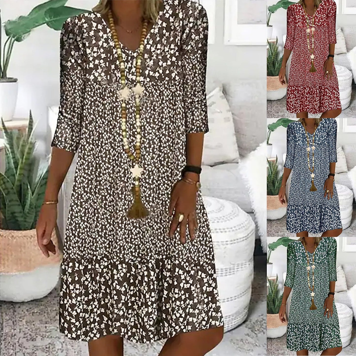 Damen Sommer Prinzessinnenkleid mit Blumenmuster, 3/4-Arm, Freizeit Midikleid, Bequem & Modisch