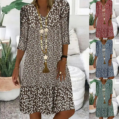 Damen Sommer Prinzessinnenkleid mit Blumenmuster, 3/4-Arm, Freizeit Midikleid, Bequem & Modisch