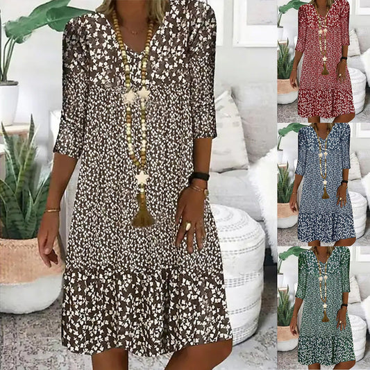 Damen Sommer Prinzessinnenkleid mit Blumenmuster, 3/4-Arm, Freizeit Midikleid, Bequem & Modisch