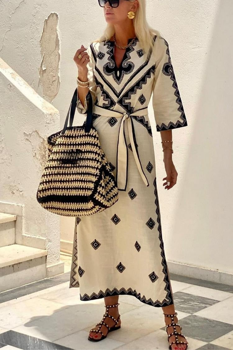 Phoebe – Bedrucktes Leinen Boho-Kleid