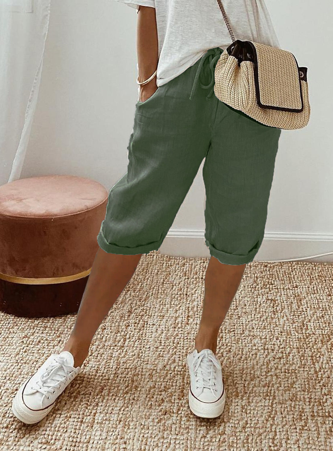Rachel – Elastische Damenhose aus Baumwolle und Leinen mit Taschen