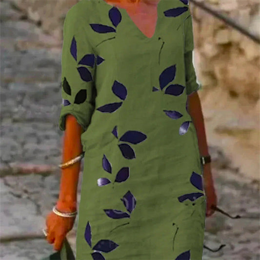 Audrey – Vintage Kleid mit Blattdruck und halben Ärmeln