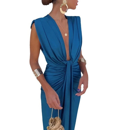 Damen Abendkleid Elegant Plissee Design Tie Front Tiefer V-Ausschnitt Cocktailkleid