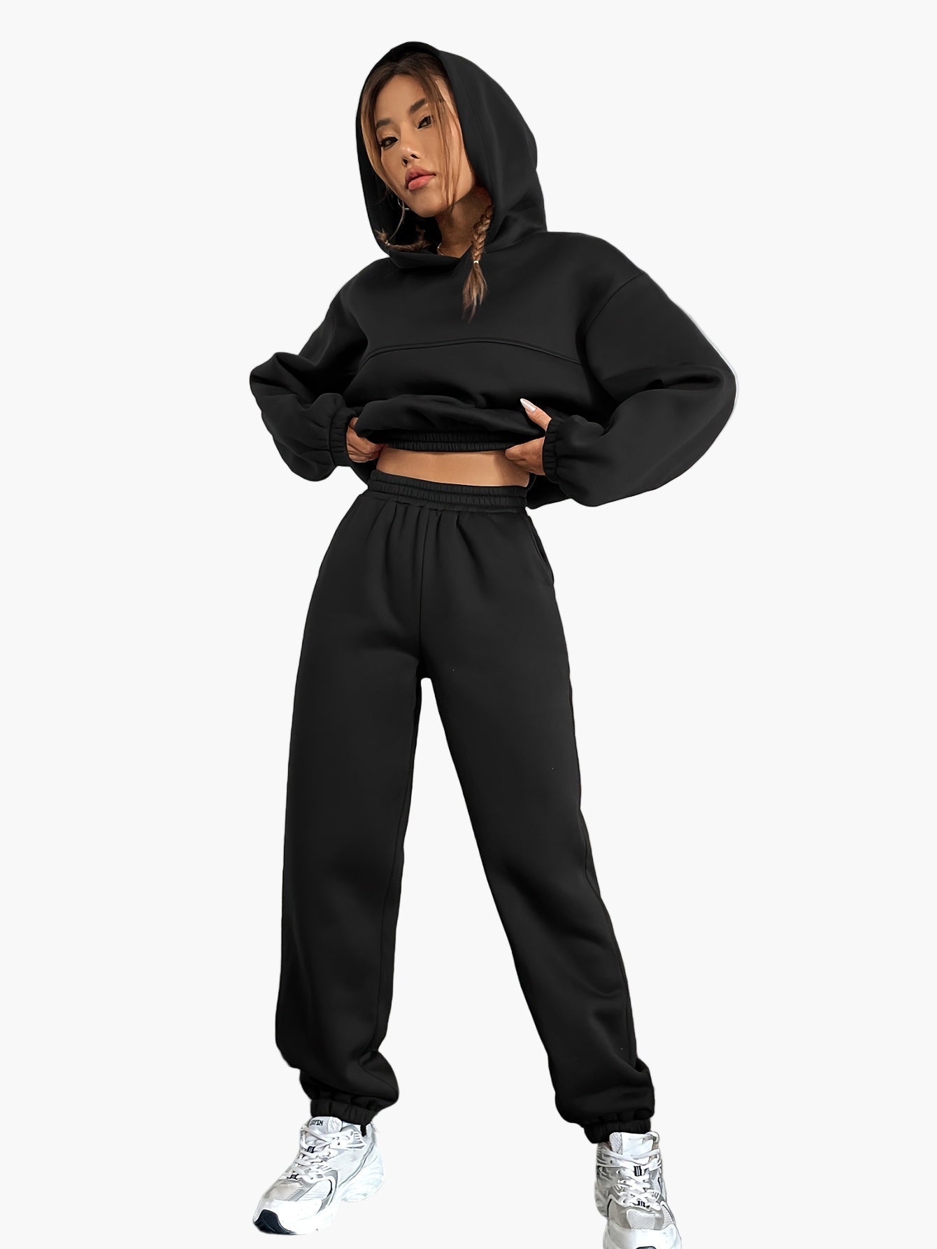 Damen Loungewear Set – Kapuzen-Crop-Sweatshirt & Jogginghose, Freizeit Outfit, Sportlicher Zweiteiler