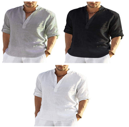 Herren Henley Shirt Langarm – Casual Sommerhemd mit Stehkragen für Freizeit, Büro und Urlaub