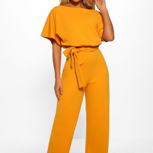 Kathryn – Modischer Kurzarm-Jumpsuit mit Schnürung und Knopf in 7 Farben
