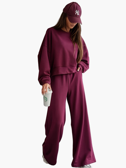 Damen Lounge-Set Zweiteiler – Eleganter Oversize Freizeitanzug mit Sweatshirt und Weitbein-Hose für Herbst & Winter