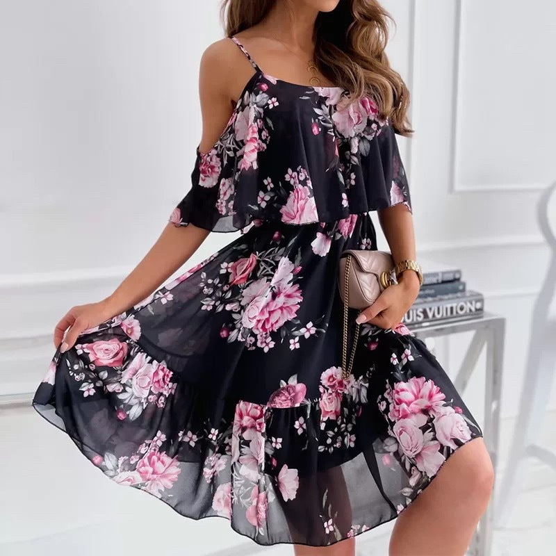Tanya – Blumenbedrucktes Rüschensuspenders Kleid für Damen