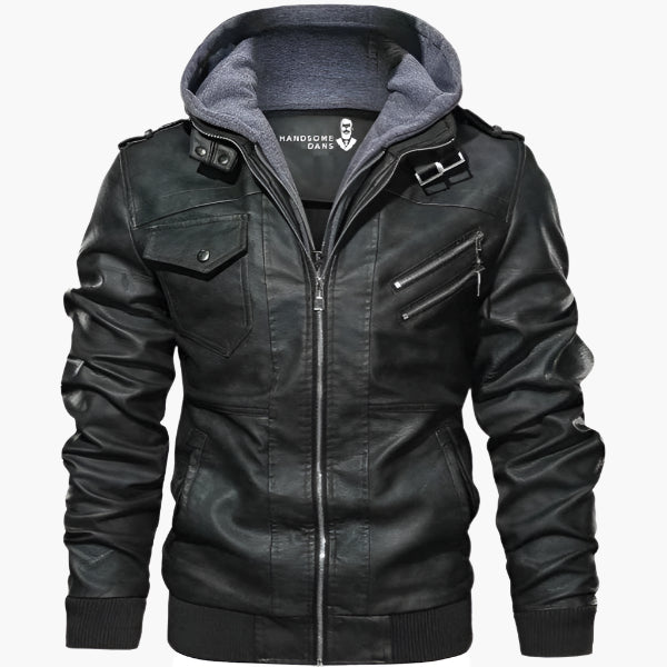 Herren Kunstlederjacke im Biker-Stil mit abnehmbarer Kapuze – Urban Streetwear für Alltag und Freizeit