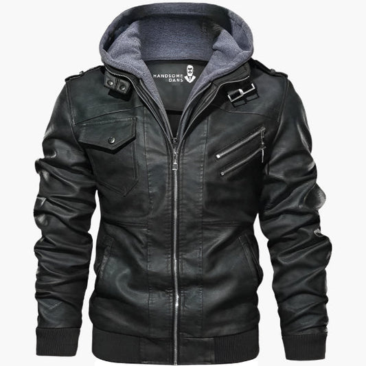 Herren Kunstlederjacke im Biker-Stil mit abnehmbarer Kapuze – Urban Streetwear für Alltag und Freizeit