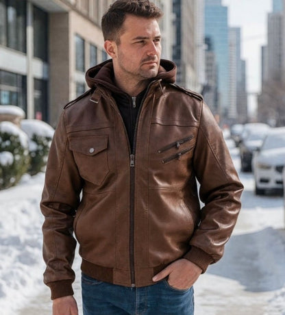 Herren Kunstlederjacke im Biker-Stil mit abnehmbarer Kapuze – Urban Streetwear für Alltag und Freizeit