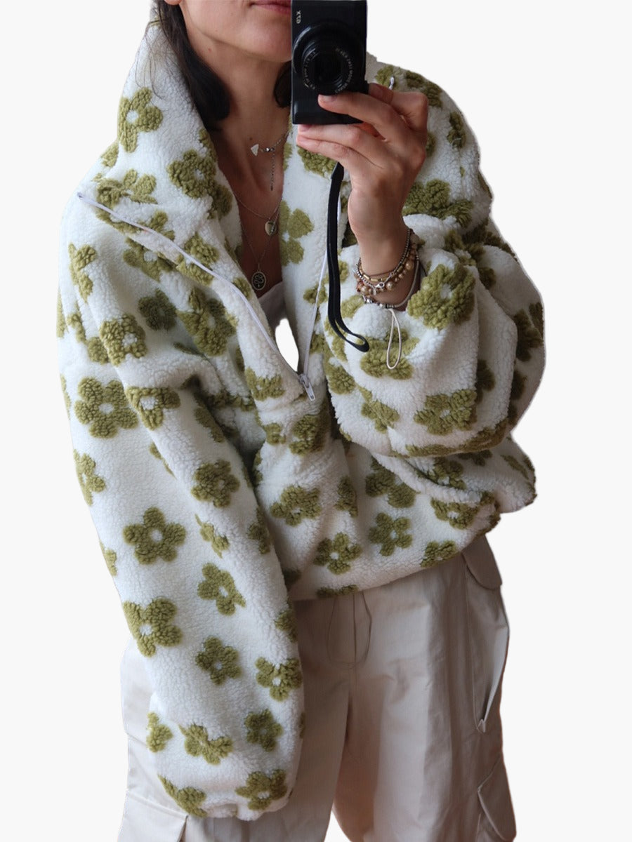 Damen Boho-Fleece-Pullover mit Blumenmuster – Kuscheliger Freizeit-Sweater für Herbst & gemütliche Abende
