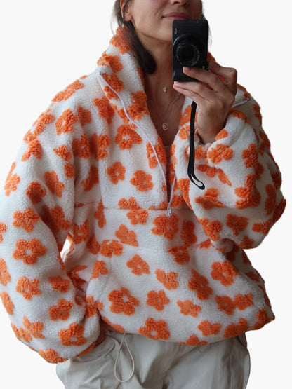 Damen Boho-Fleece-Pullover mit Blumenmuster – Kuscheliger Freizeit-Sweater für Herbst & gemütliche Abende