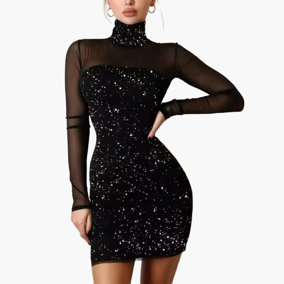 Damen Partykleid mit Sternenmuster und Mesh-Ärmeln – Elegantes figurbetontes Minikleid für festliche Anlässe