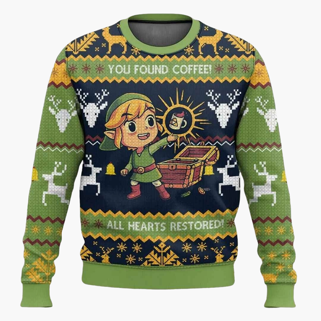 Unisex Gaming Ugly Christmas Sweater – Lustiger Retro-Pullover mit Coffee & Herz-Design für Fans