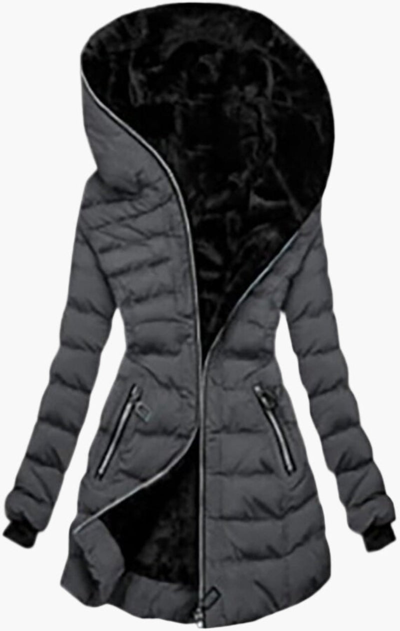 Damen Winter Steppjacke mit großer Kapuze und asymmetrischem Reißverschluss – Modischer Outdoor Mantel