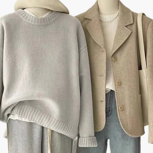 Damen Lässiges Set mit Strickpullover und Blazer – Modischer Freizeit-Look für Alltag & Büro
