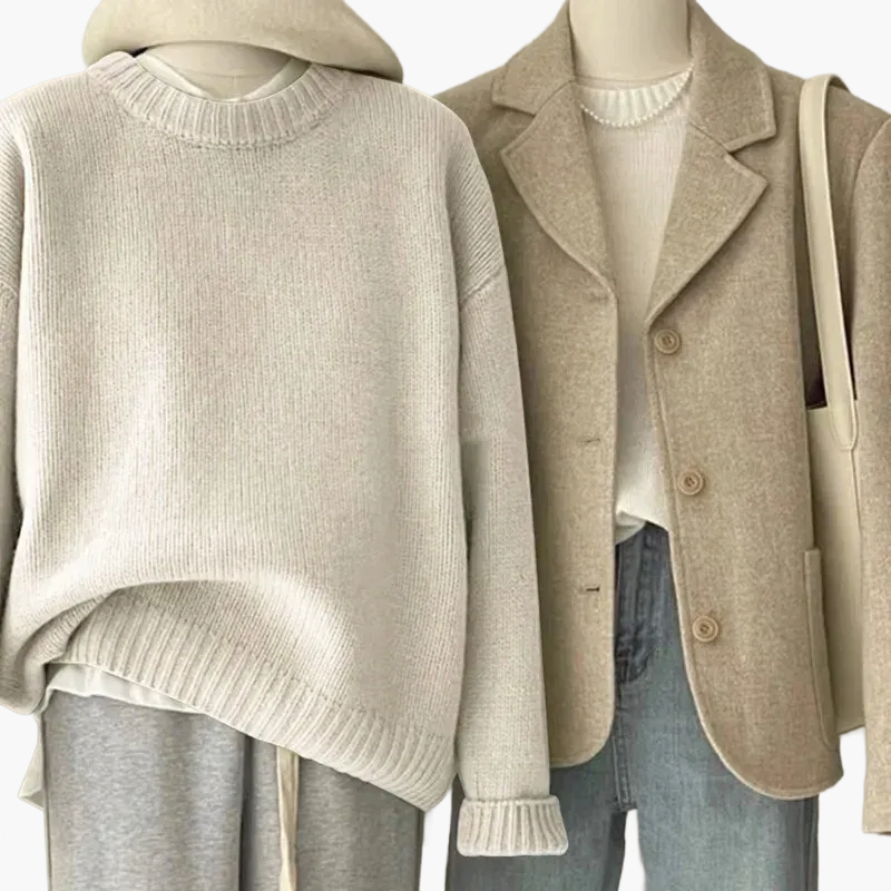 Damen Lässiges Set mit Strickpullover und Blazer – Modischer Freizeit-Look für Alltag & Büro
