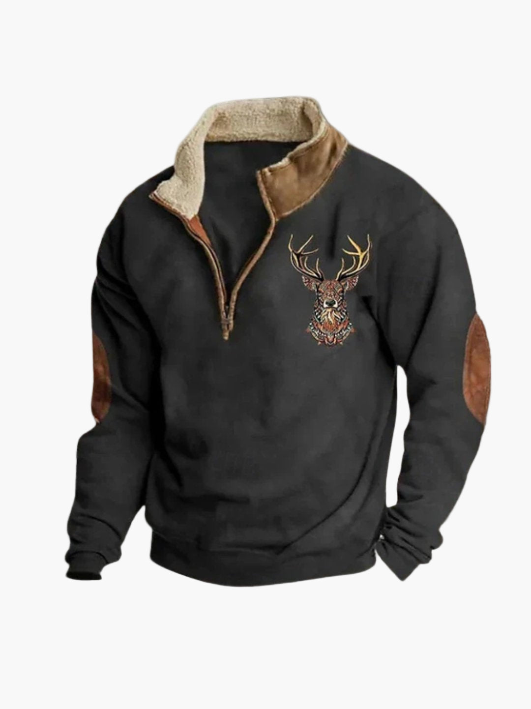 Herren Pullover mit Hirschstickerei und Viertelreißverschluss – Outdoor & Freizeit