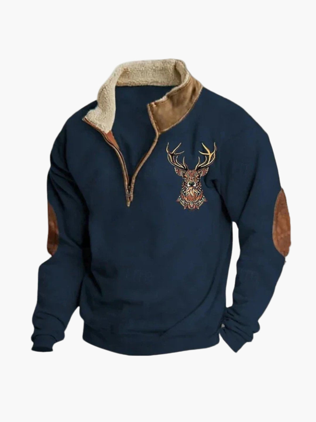 Herren Pullover mit Hirschstickerei und Viertelreißverschluss – Outdoor & Freizeit