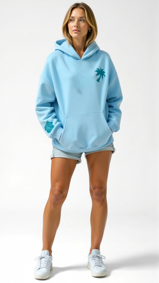Damen Oversize Kapuzenpullover mit tropischer Stickerei – Lässiger Streetstyle Hoodie für Alltag und Freizeit