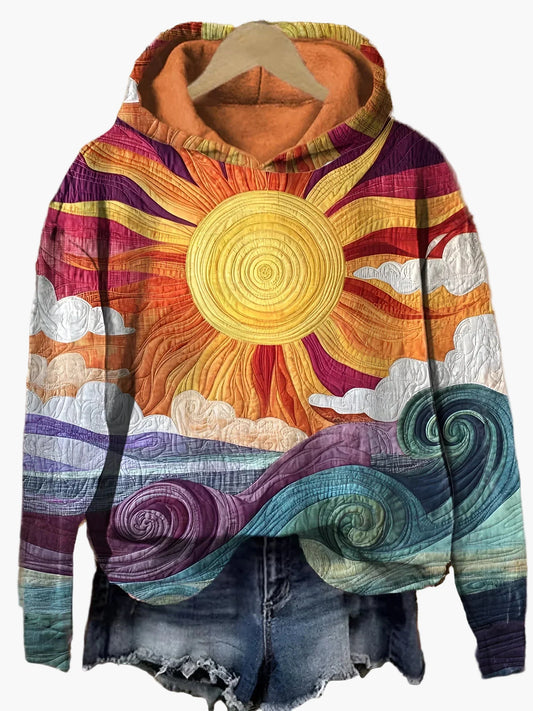 Damen Hoodie mit künstlerischem Sonnen- und Meeres-Motiv – Boho Freizeit Pullover für stilvolle Outfits