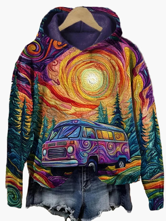 Damen Hoodie Vintage Bus Kunst Pullover – Bunt, Boho, Freizeit